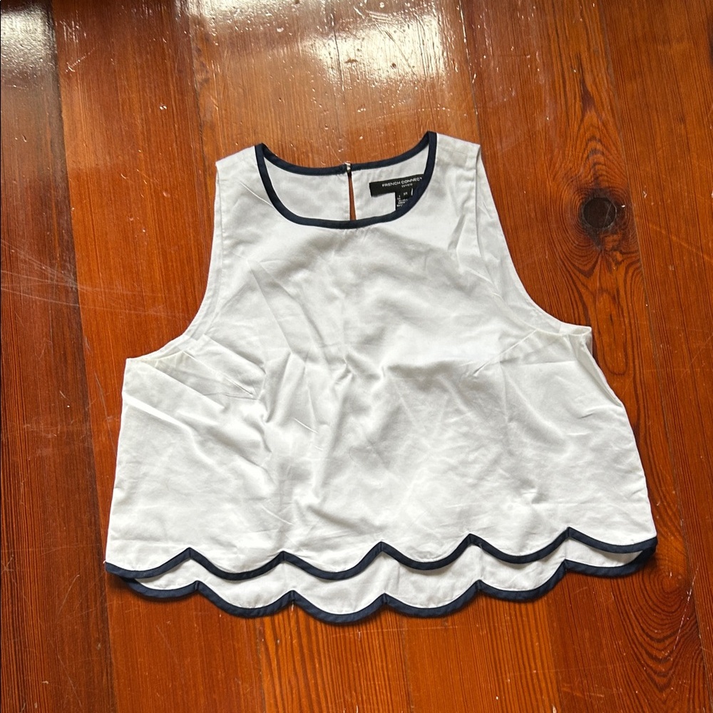 French Connection White Cropped Tank with Navy Scalloped Trim